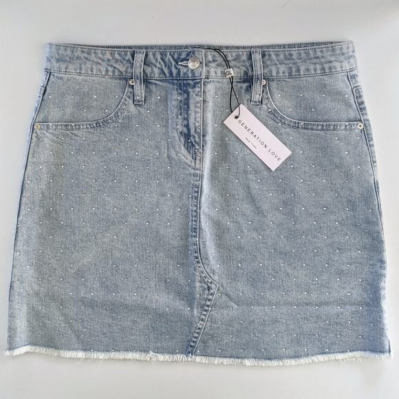 REVOLVE Generation Love New York Claudette Crystal Studded Denim Skirt L NWT - Picture 3 of 7